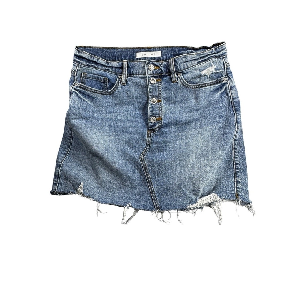 Eunina Alexis High Rise Mini Skirt Womens LG Distressed Demin Button Fly Raw Hem
